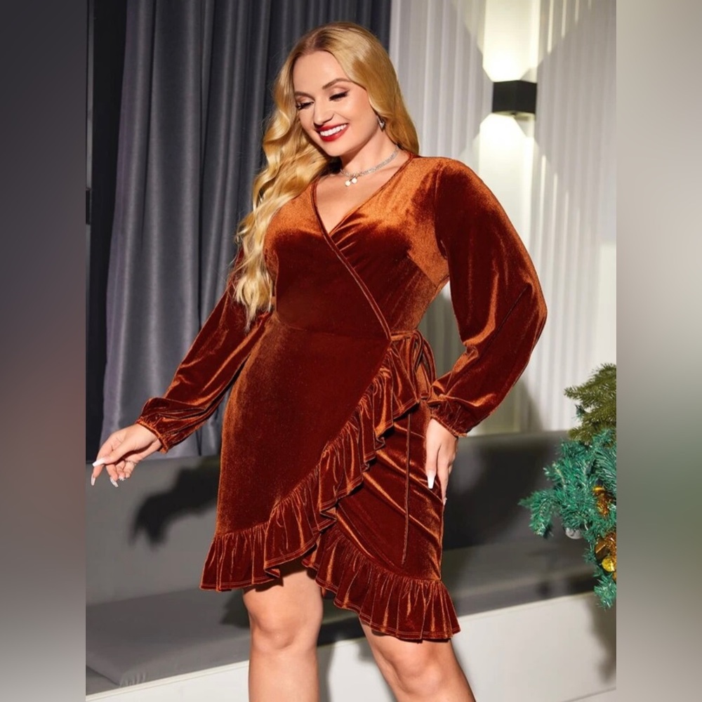 Velvet Texture Burnt Orange Rufffe wrap dress